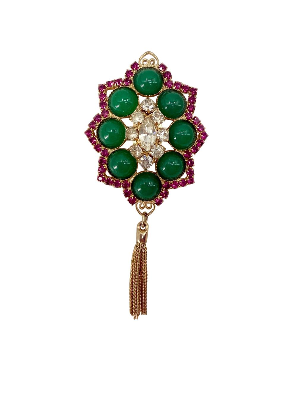 vintage Juliana D&E green purple gold BROOCH tassel dangle chain jewelry pin